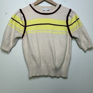 English‎ Factory Women Sweater Small Tan Burgundy Stripe Puff Sleeve Academia